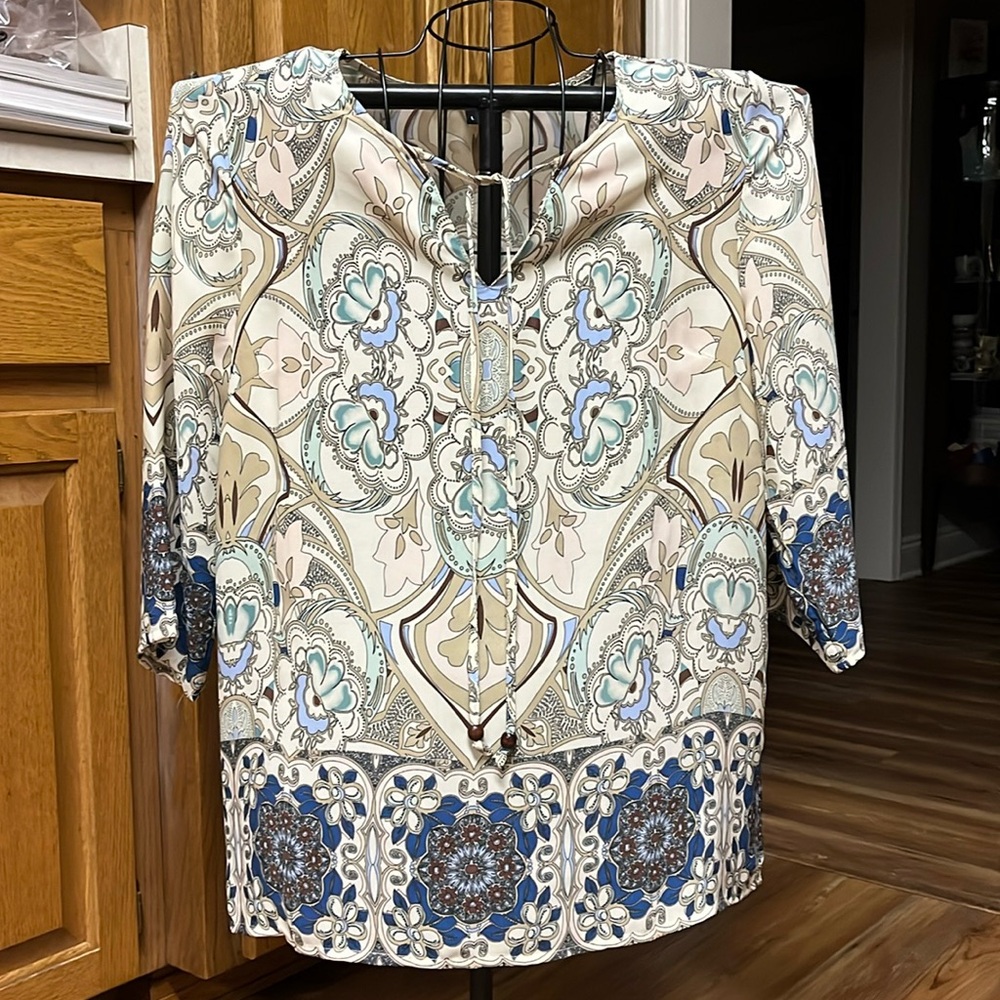 Khaki, Blue, & Tan Ava Christine Patterned Blouse